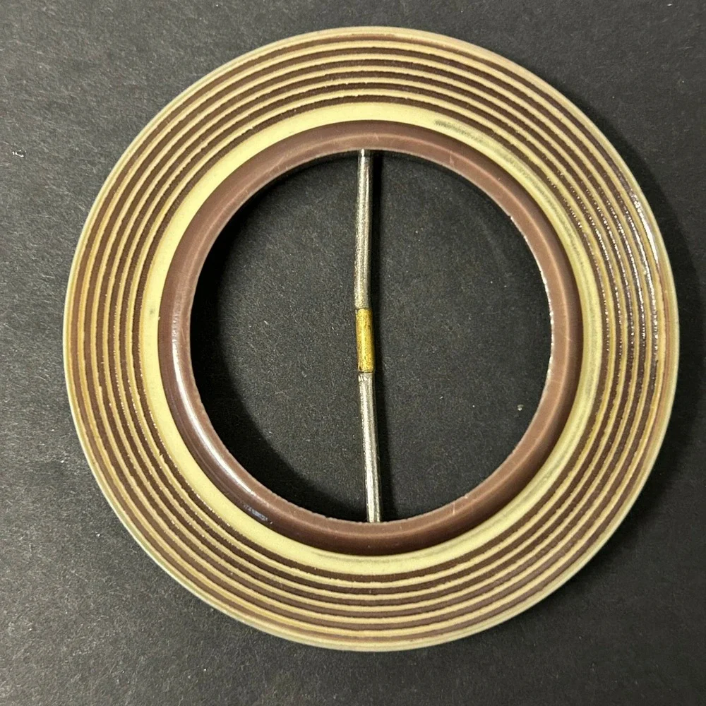 Vintage Unbranded Belt or Scarf Slide Buckle Brown Cream Art Deco Round Ribbed